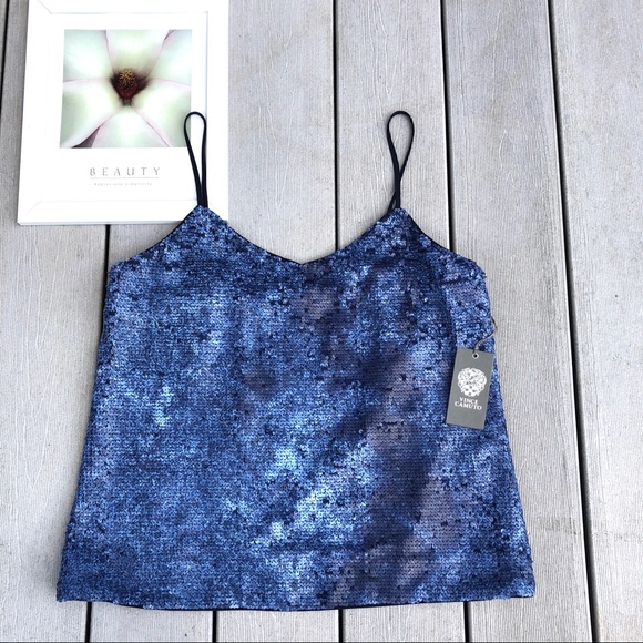 VINCE CAMUTO NWT mystic sea blue all over sequin camisole v-neck tank top, XS - Picture 3 of 14